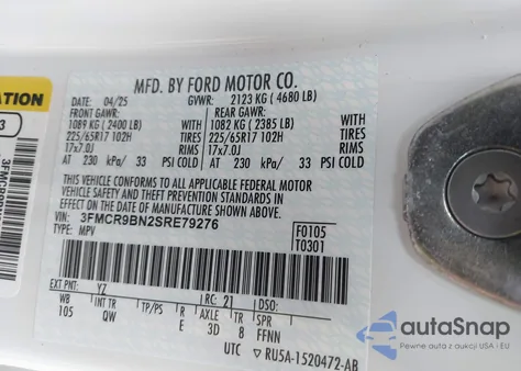 2025 Ford Bronco Sport из США, поврежденный, VIN 3FMCR9B92SRE79276